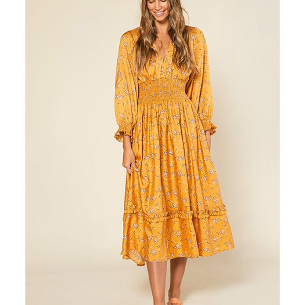Outerknown Mustard Yellow Floral Long Sleeve Midi Dress